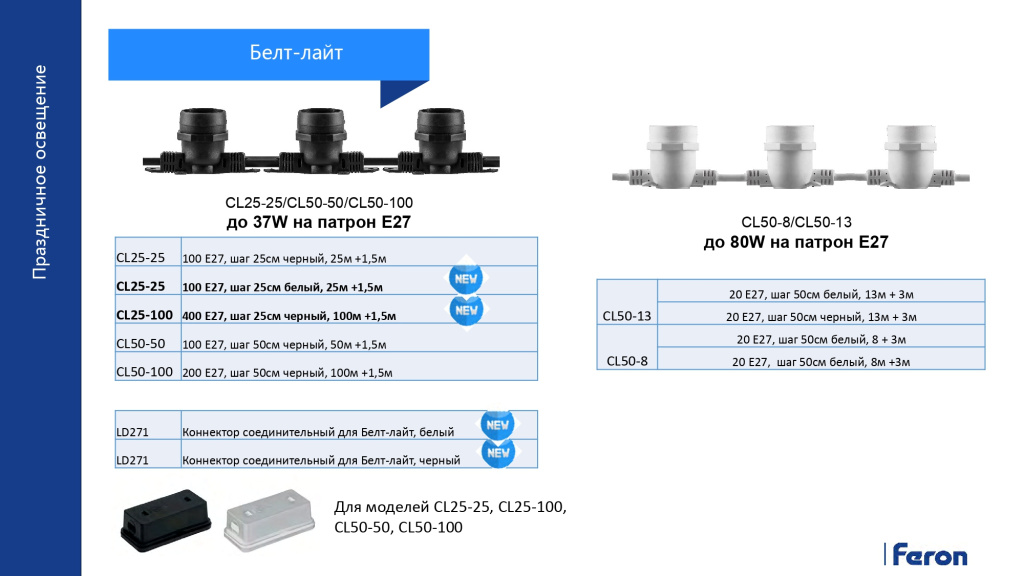 Гирлянда Белт-лайт Feron CL25-25/CL50-50/CL50-100, CL50-8/СL50-13 и Коннектор соединительный для Белт-лайт LD271