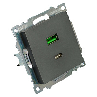 Розетка 2-местная USB + type C (механизм), 250В, 3А, max 20W, серия Катрин, графит, GLS10-7116-06 50052 Розетка 2-местная USB + type C (механизм), 250В, 3А, max 20W, серия Катрин, графит, GLS10-7116-06 50052