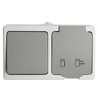 Блок розетка 1-местная с/з+  выключатель 1-клавишный STEKKER, PST16-21-54/10-211-54, ,белый/серый  49728