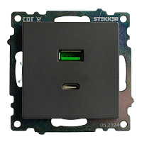Розетка 2-местная USB + type C (механизм), 250В, 3А, max 20W, серия Катрин, графит, GLS10-7116-06 50052 Розетка 2-местная USB + type C (механизм), 250В, 3А, max 20W, серия Катрин, графит, GLS10-7116-06 50052