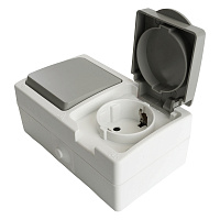 Блок розетка 1-местная с/з+  выключатель 1-клавишный STEKKER, PST16-21-54/10-211-54, ,белый/серый  49728