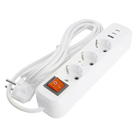 Удлинитель 3-местный с/з с выключ. STEKKER HM071-31-03 3x1мм2, 3м, 250В, 16А, 1USB+2C, 2.4A, сер Home, белый 50137