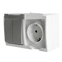 Блок: розетка 1-местная с/з + выключатель 2-клавишный STEKKER, PST16-21-54/10-221-54, белый/серый 49729