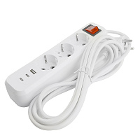 Удлинитель 3-местный с/з с выключ. STEKKER HM071-31-03 3x1мм2, 3м, 250В, 16А, 1USB+2C, 2.4A, сер Home, белый 50137