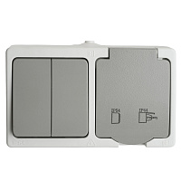 Блок: розетка 1-местная с/з + выключатель 2-клавишный STEKKER, PST16-21-54/10-221-54, белый/серый 49729